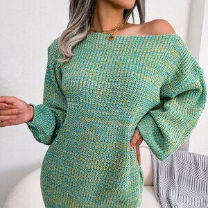 Heathered Boat Neck Lantern Sleeve Sweater Dress